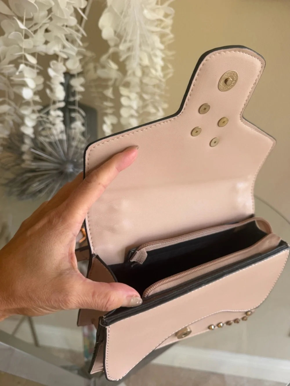 Blush Pink Studded Crossbody Bag with Bee Emblem